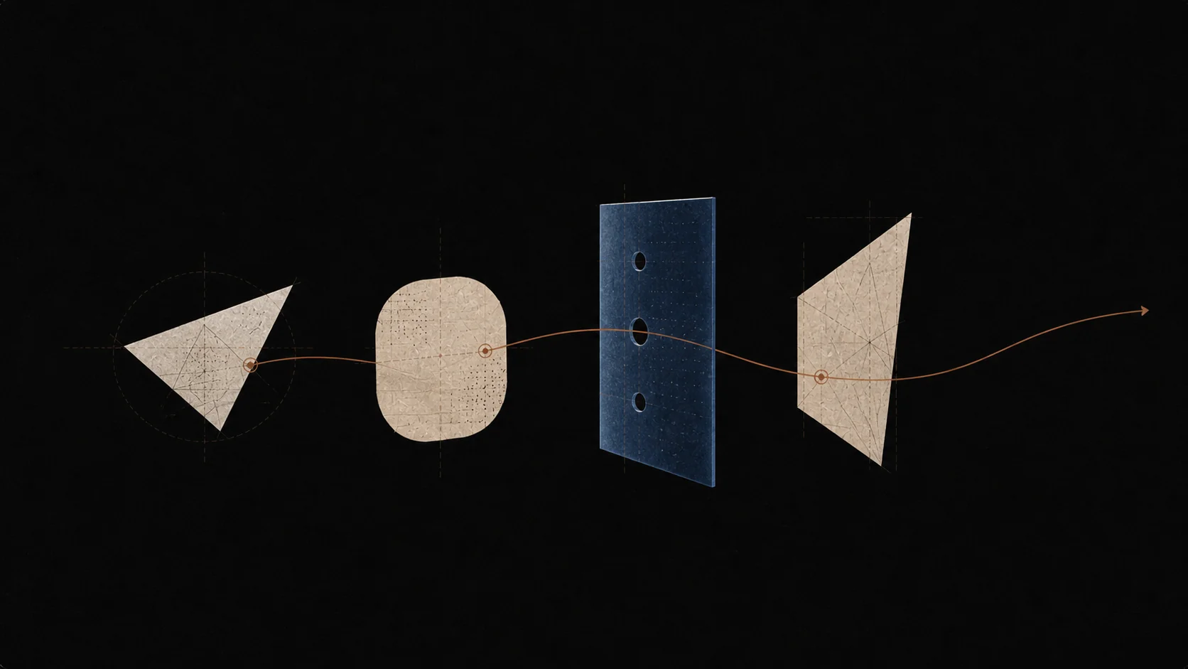 A calm framework of paper planes, a cobalt guardrail, and a controlled copper route