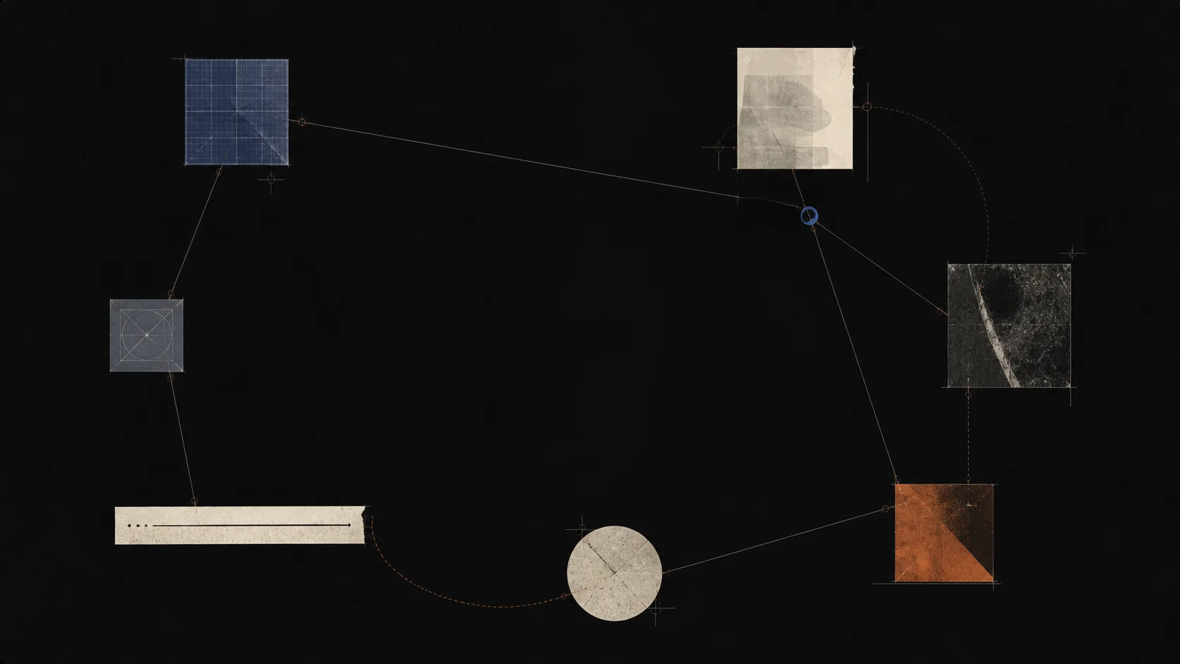 A dark research topology of linked paper studies, map fragments, and a cobalt focal node