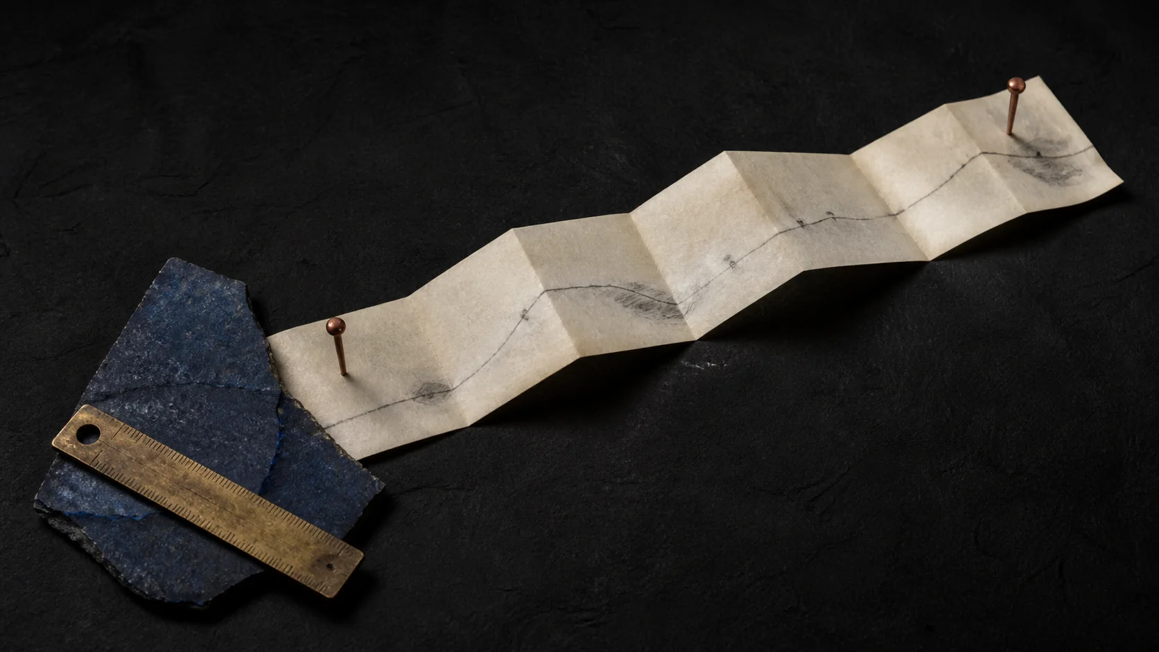 A folded vellum path beside a blue slate and brass ruler